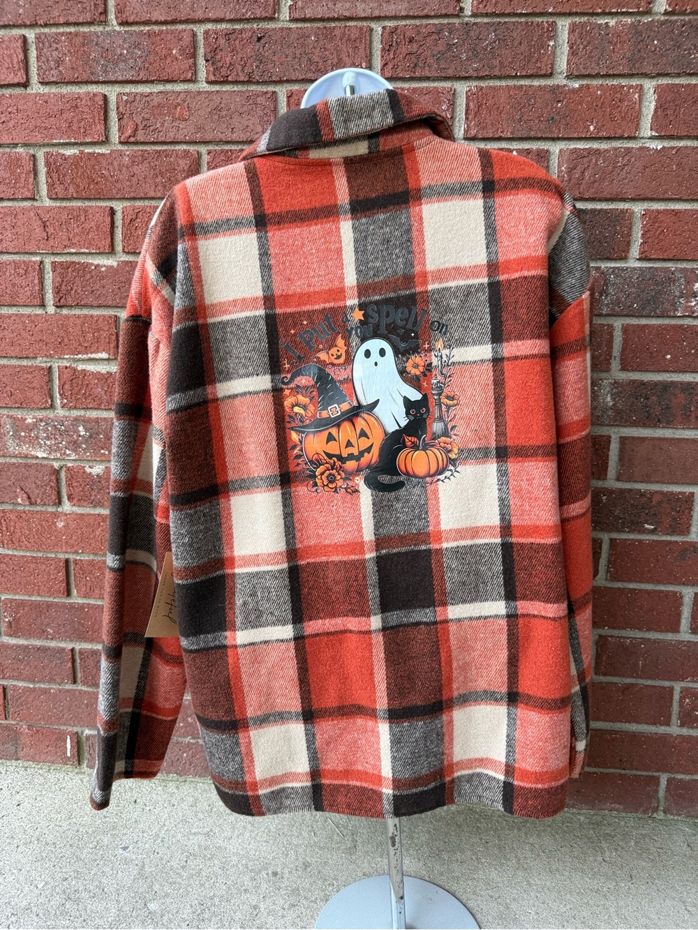 Handmade Halloween Plaid Flannel Shirt Jacket with Ghost & Pumpkin Graphic